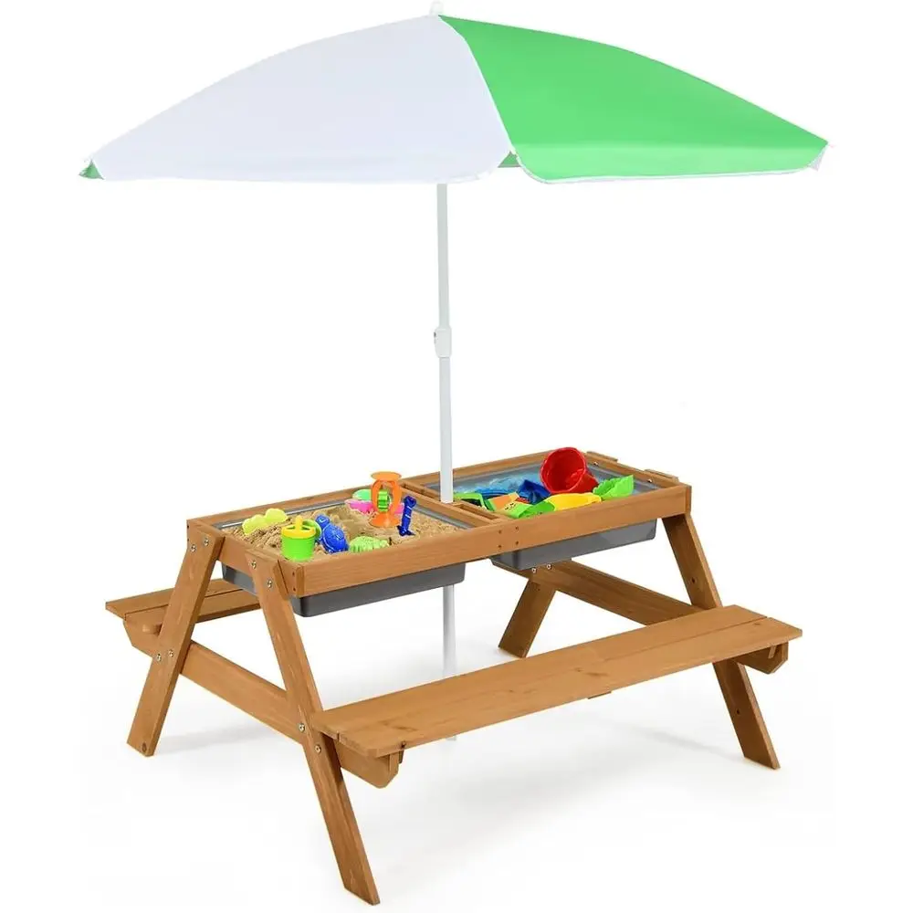 Kids Outdoor Table With Umbrella - Tavolo da Picnic 4-in-1 in Legno