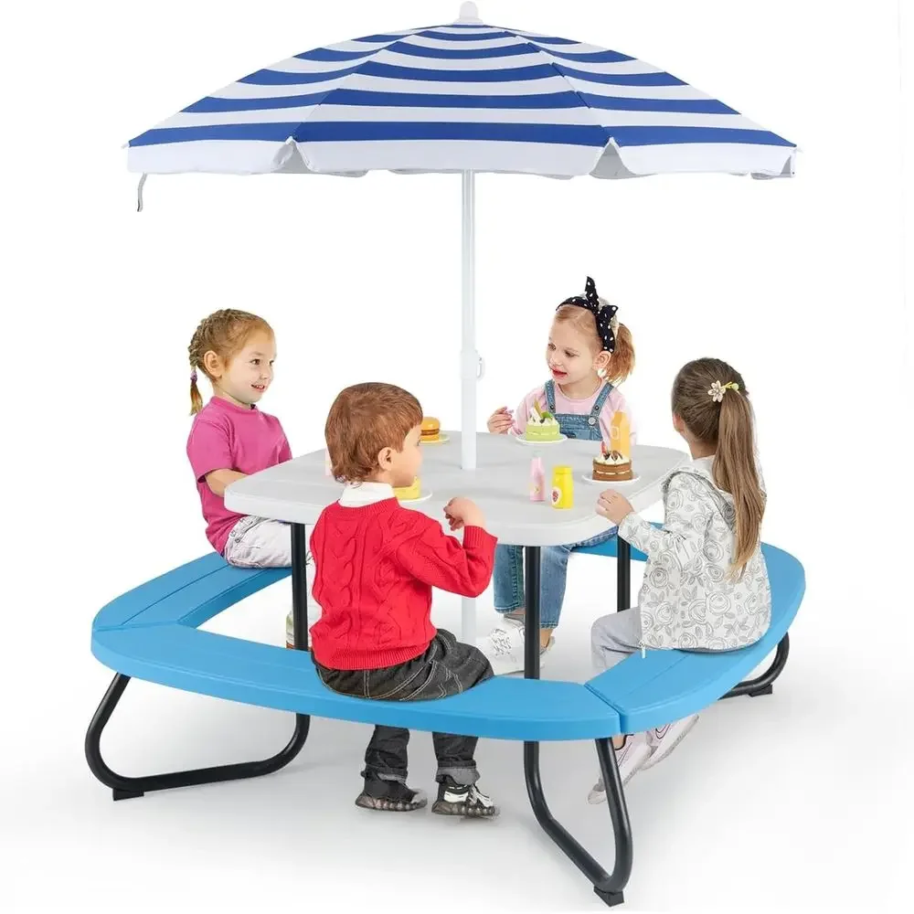 Kids Outdoor Table With Umbrella - Tavolo da Picnic per 8 Bambini