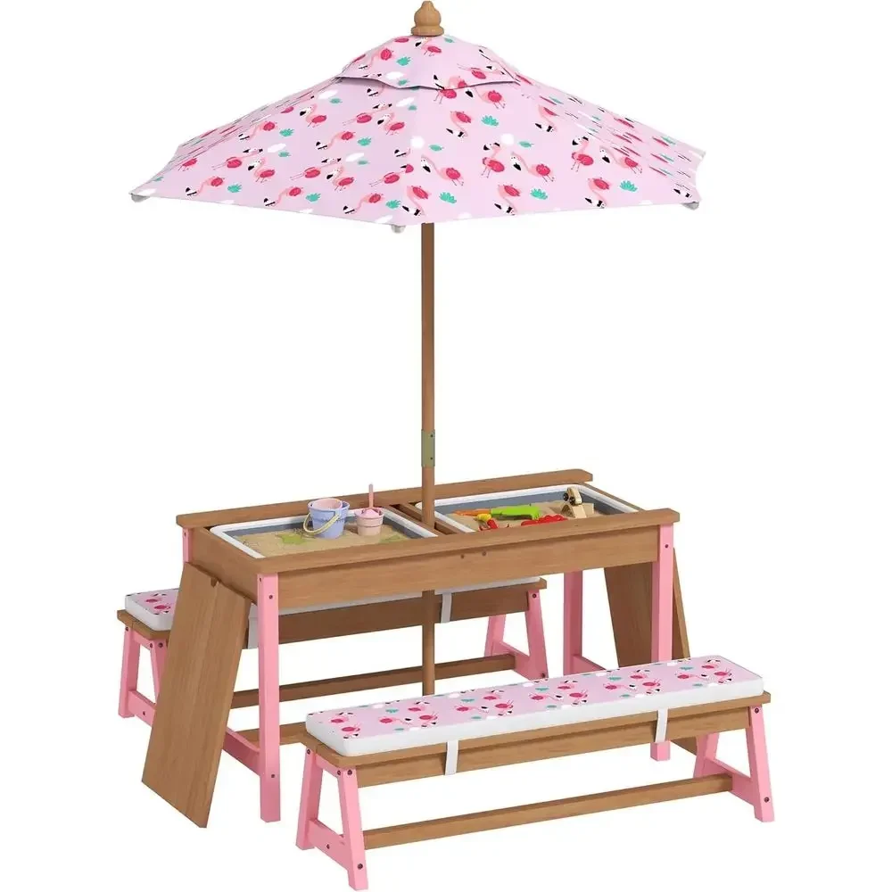 Kids Outdoor Table With Umbrella - Set da Picnic in Legno con